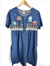VTG Bechamel Grandmacore Farmcore Embroidered Chambray Button Up Dress Jean Sz M