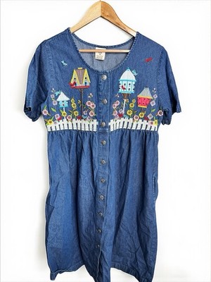 VTG Bechamel Grandmacore Farmcore Embroidered Chambray Button Up Dress Jean Sz M