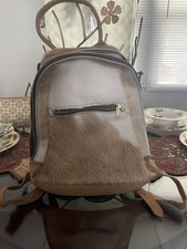 Unisex Medium Colorblock Backpack Brown Beige White Zip Closure Adjustable Strap