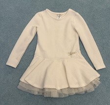 Guess Kids Long Sleeve Textured Layered Dress Sparkly Tulle Ruffle Off-White 5
