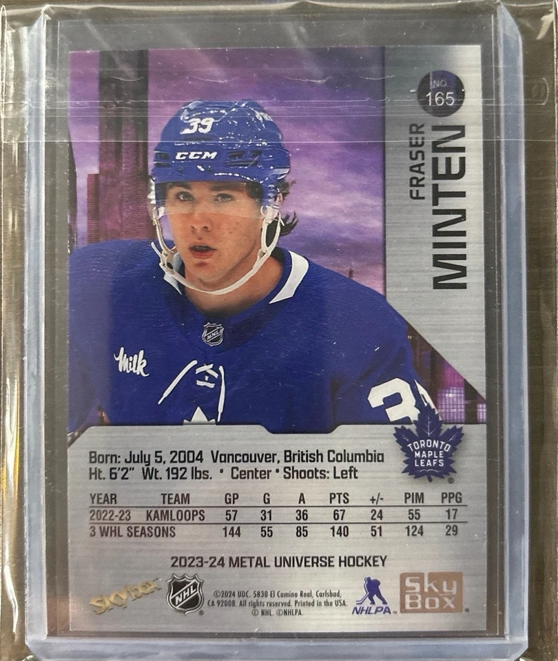 2023-24 Skybox Metal Universe Rookies PMG Red /100 Fraser Minten #165 Rookie RC - Image 2 of 2