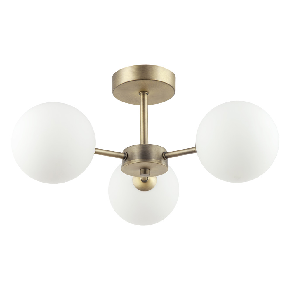 Contemporary Antique Brass Ceiling Lamp with Opal Globe Glass Shades by Happy...