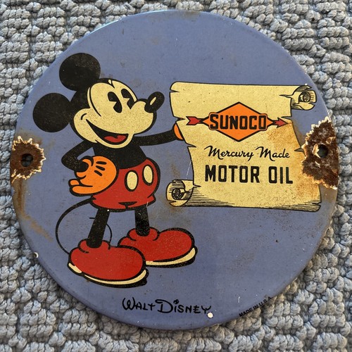 Vintage Sunoco Motor Oil Schild - Walt Disney Mickey Mouse Porzellanschild 6"
