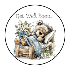 30 GET WELL SOON TEDDY BEAR STICKERS ENVELOPE SEALS LABELS TAGS 1.5" ROUND