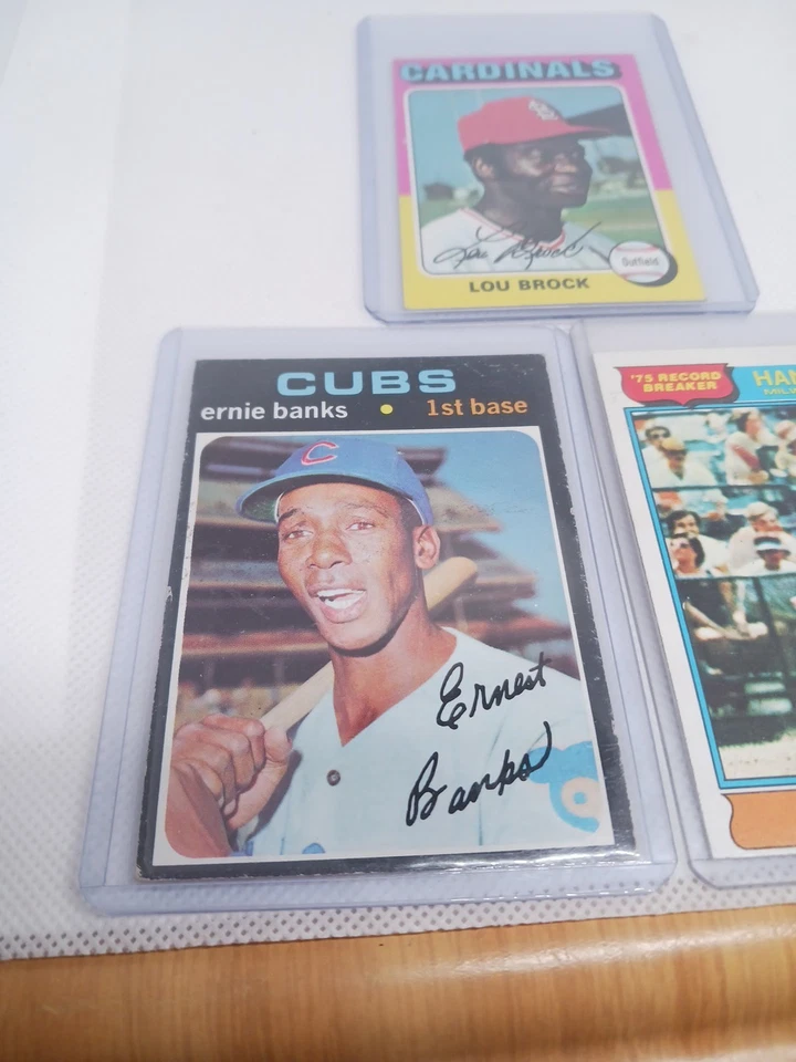 1976 Topps #1 Hank Aaron Record Breaker, 1971 Ernie Banks And A Lou Brock Mini Foto 3 de 4