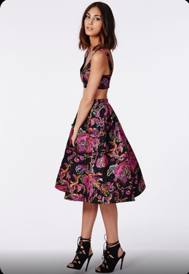 Missguided Black Floral Brocade Two-Piece Co-Ord Set | Crop Top & Skirt | Size 4