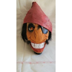 Vintage Hand Carved Coconut Pirate Head Bank Folk Art Mexico Nautical Decor 10in