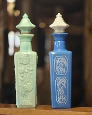 Lot of 2 Vintage Jim Beam Decanters with Stoppers Whisky Collectors Blue/Green