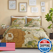 DJY King Size Floral Quilt Set Boho Bedspread Coverlet Khaki Green Botanical