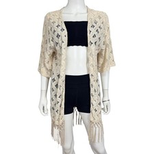 Sheer Floral Lace Fringe Kimono Cardigan Cover Up Boho Festival Cottagecore M