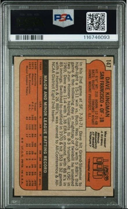 1972 Topps Dave Kingman Rookie Signed Baseball Card PSA 2 DNA 10 Auto Certified - Image 4 of 4