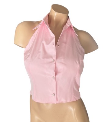 David Meister Halter Top Blouse Size 6 Embellished Buttons Pink Open Back NWT