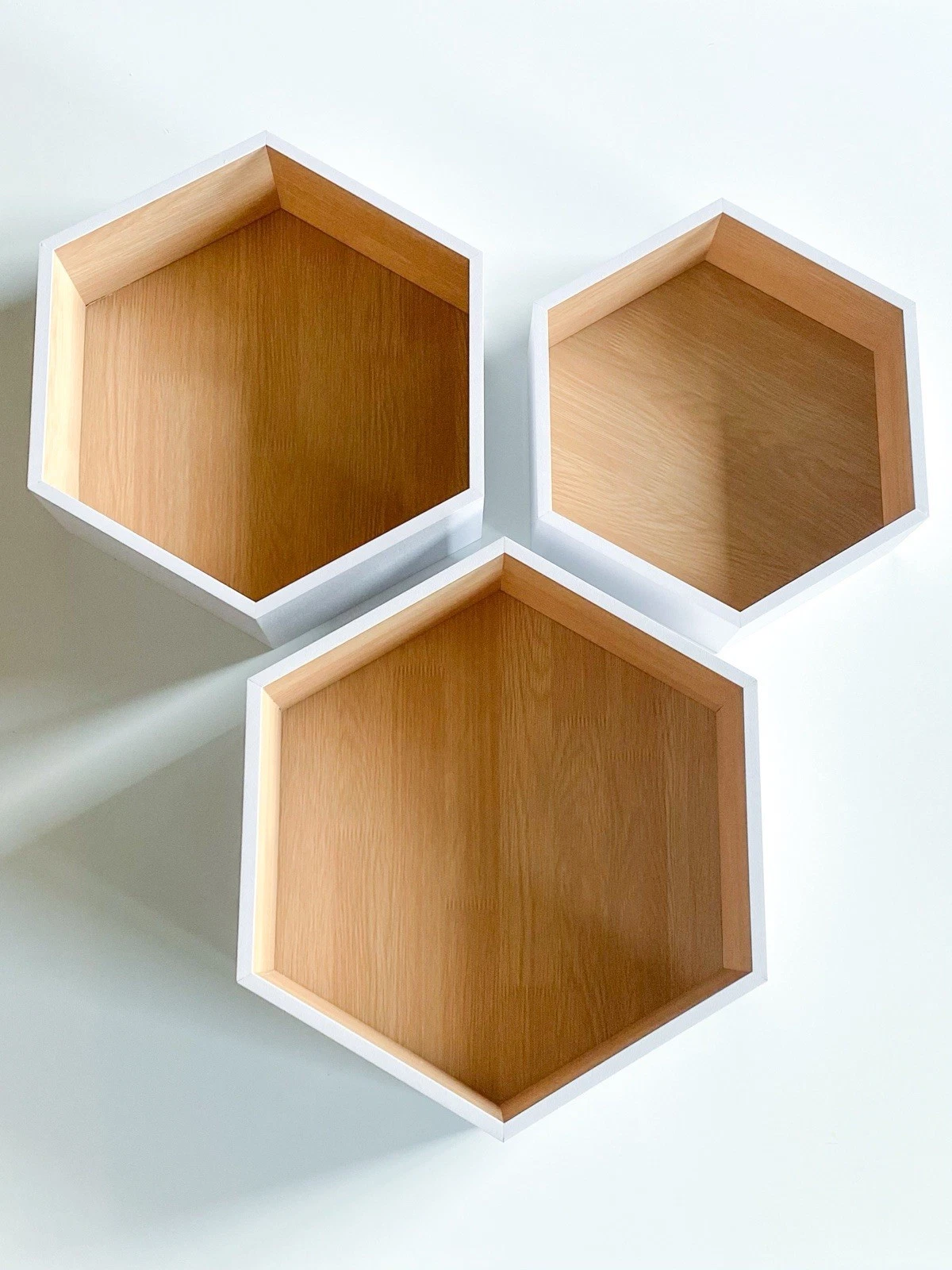 White Wooden Hexagon Floating Wall Shelf Set of 3 Decorative Honeycomb Display
