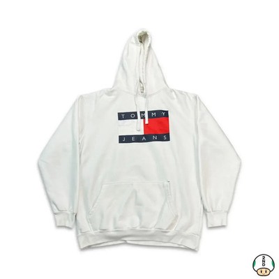 Tommy Hilfiger Hoodie Mens XL White Tommy Jeans Flag Hooded Sweatshirt