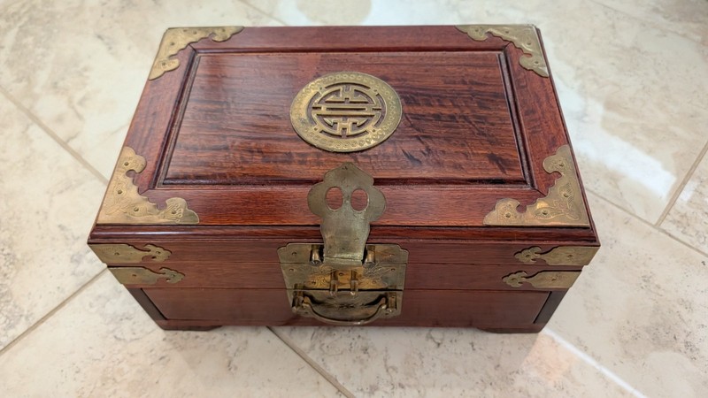 Vintage Asian-Style Wooden Jewelry Box w/ Brass Longevity Medallion & Fitted Int