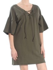 SANCTUARY Womens Green Lace Up Short Sleeve V Neck Mini Shift Dress M