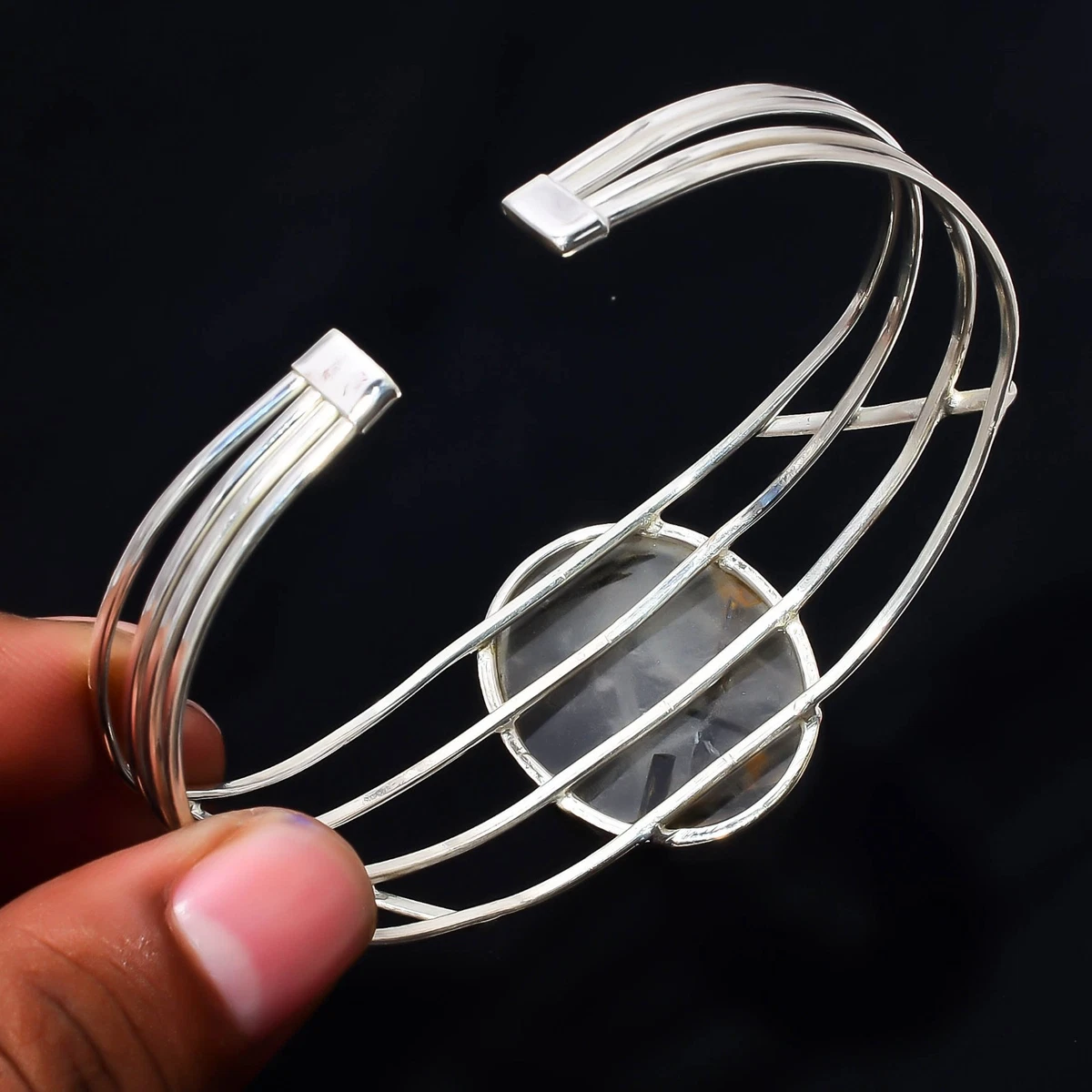 Black Rutile Gemstone 925 Sterling Silver Handmade Bangle Jewelry Gift For Her