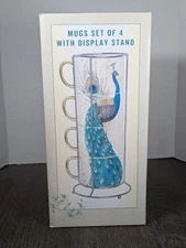NEW IN BOX Cracker Barrel Peacock Stacking Mugs Metal Display Stand SET OF 4