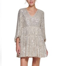 Eliza J Silver Sequin Tiered Fit and Flare Mini Dress Pockets Balloon Sleeves 4