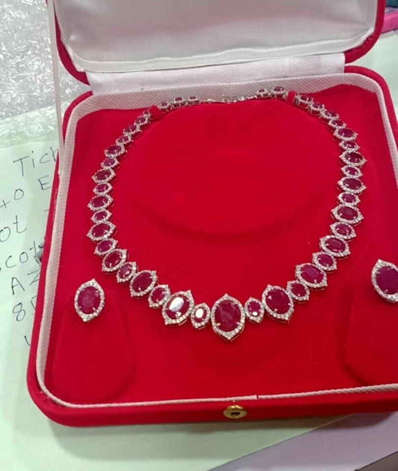 30Ct Simulierte Granat Tennis Halsketten-Ohrringe 925 Silber 14K Weiß Vergoldet - Bild 2 von 4