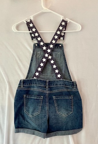 Disney Denim Overall Shorts Embroidered Americana Castle Stretch Girls Lg 10-12 - Picture 5 of 6