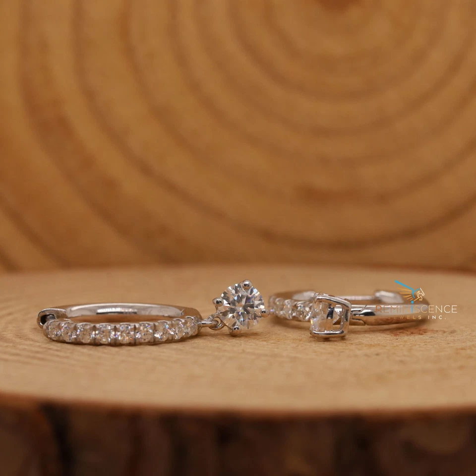 14K Gold Lab Grown Diamond Hoop Drop Earrings Round Cut Dangle Style Earrings - Image 4 of 4