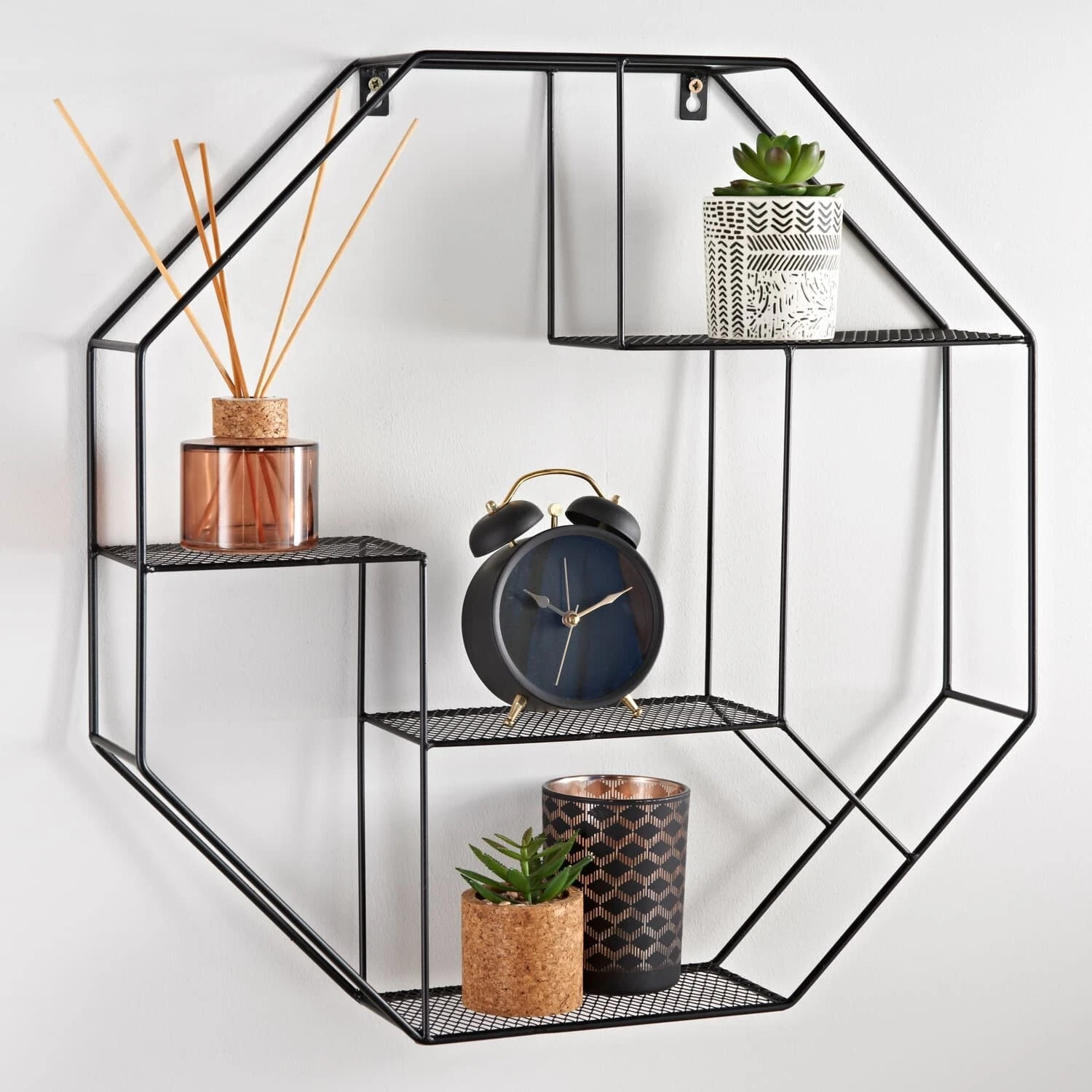 NEW Hexagon Metal Wire Wall Shelf Home Decor Storage Floating Shelf Black