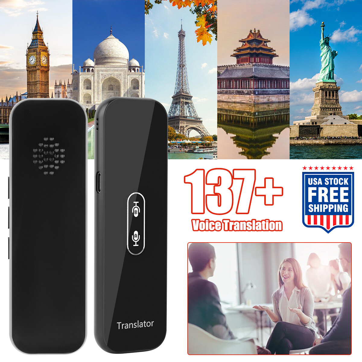 2024 137+ Languages Smart Instant Translator Two-Way Real Time Voice Device Grey