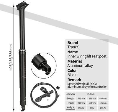 TranzX Internal Bicycle Dropper Post Seatpost 34.9mm 406/456/556mm