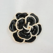 Large Black Flower Brooch/Pin Gold Tone with Tiny Faux Pearls  1.75" x 1.75"