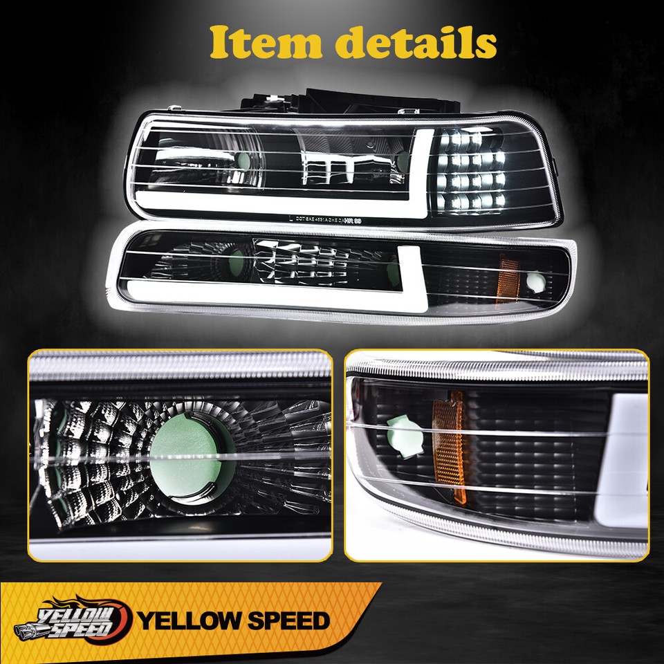 LED DRL]For 99-02 Chevy Silverado 1500 2500 HD Headlight+Bumper Lamps