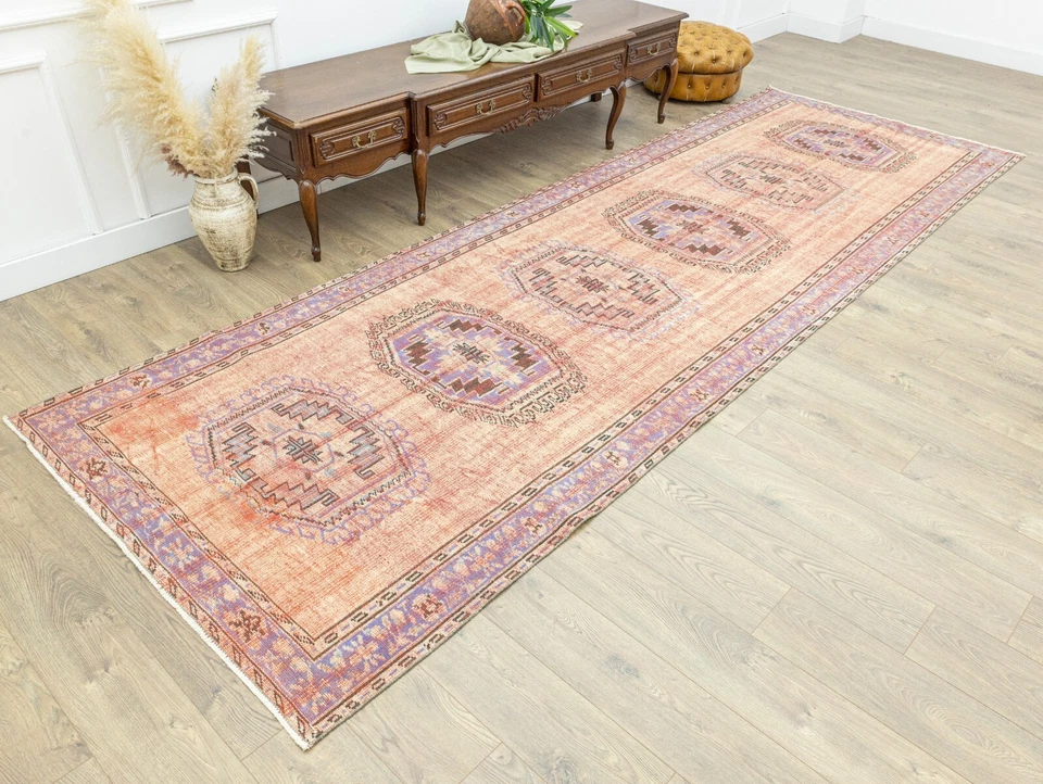 Distressed Turkish Runner 4.9x14.3 ft – Peach Coral & Lilac – Long Hallway Rug - Image 2 of 4