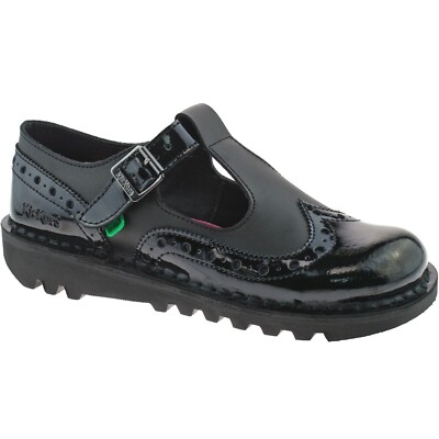 LADIES KICKERS KICK T-BAR BROGUE BLACK PATENT LEATHER SCHOOL SHOES