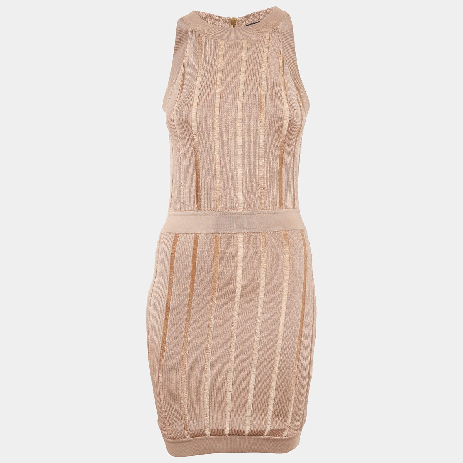Balmain Dark Beige Stretch Knit Sleeveless Bodycon Mini Dress S