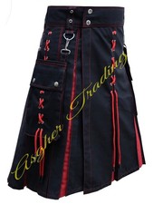 Handmade Black Utility kilt Red Cotton Laces Hybrid Kilt, Men's Custom Size kilt