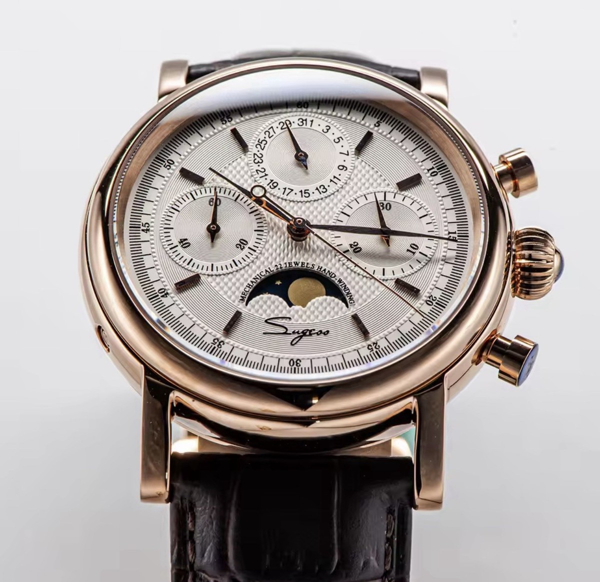 Sugess MoonPhase Gold SWANNECK Chronograph Mens Watch Seagull 1963
