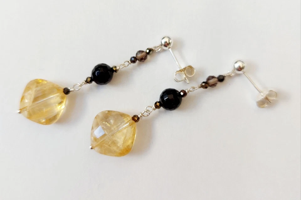 Orecchini in argento 925 pietre quarzo citrino fume onice zirconia regalo Natale - Immagine 2 di 4