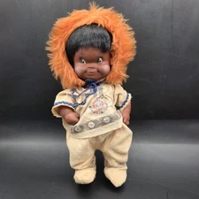 Vintage Regal Canada Eskimo Intuit Indian Soft Plastic 10” Doll Blue Fur Hood