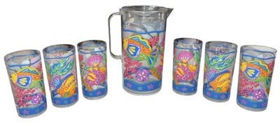 Vintage 90 s Cooks Club Reef Tropical Fish Acrylic Pitcher & 6 Cups/Tumblers