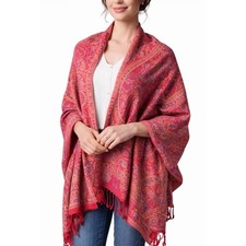 Pashmina Silk Blend Pink Paisley Shawl Wrap Scarf Fringe 34" x 27" India Boho