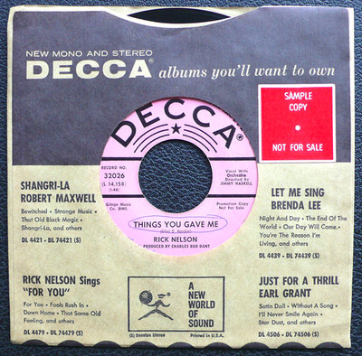 7'' Ricky Nelson - Alone / Things You Gave Me  - USA DECCA Promo