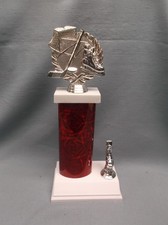 silver theme hockey trophy red oval column stake trim weighted white base award