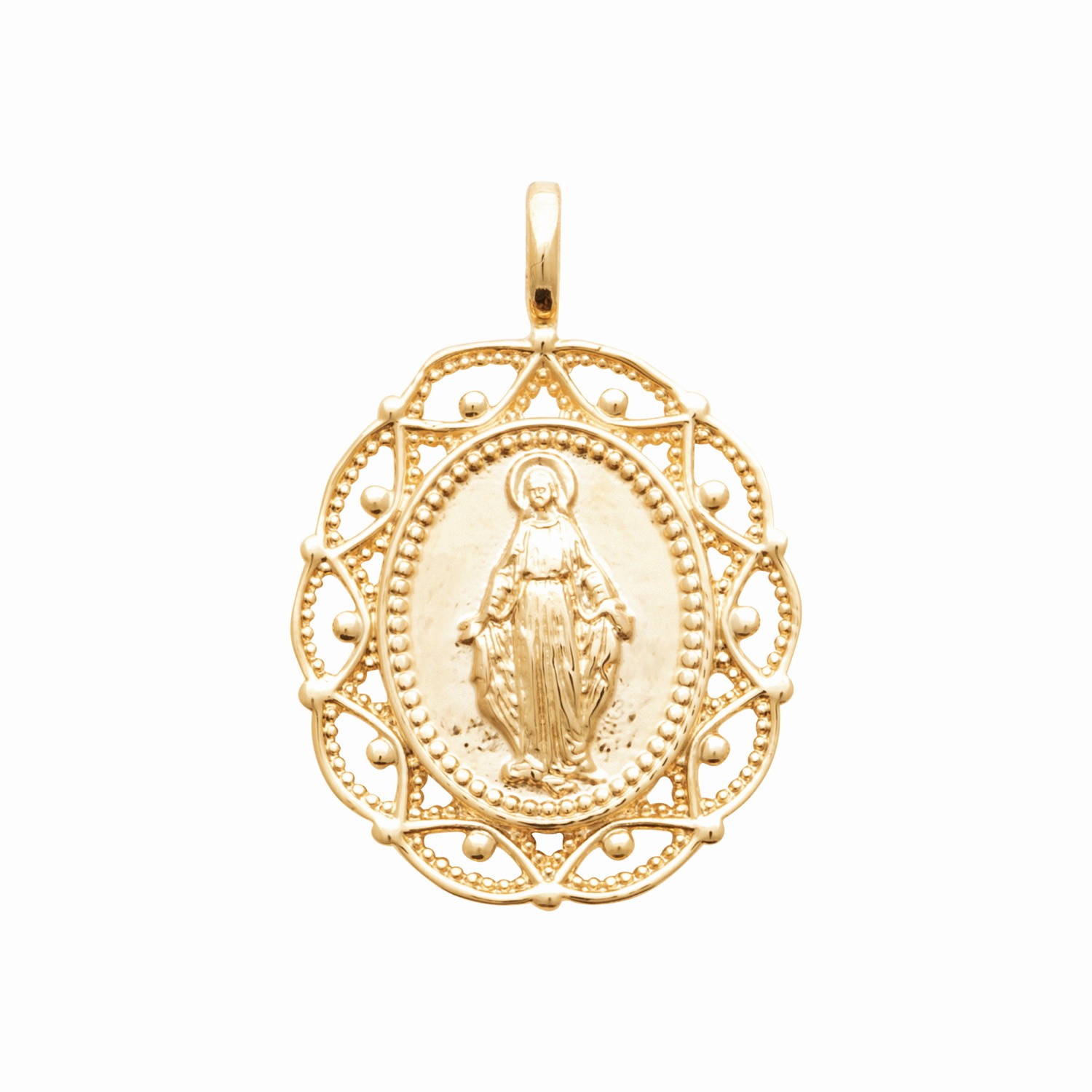 Pendentif Vierge miraculeuse or jaune médaille religieuse chrétienne femme et enfant