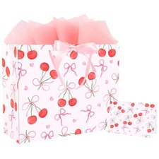 13 Inch Large Floral Gift Bag Cherries Bows Heart Pattern Pink Tissue Card