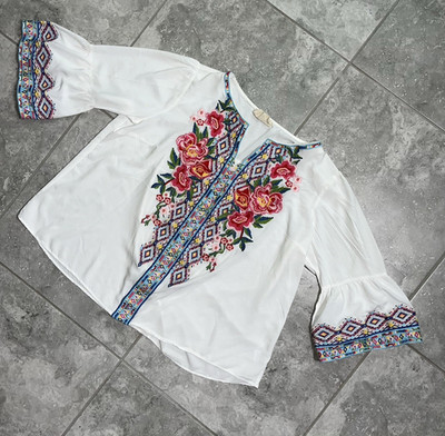 Savanna Jane 3/4 Bell Sleeve Floral Embroidered Tunic Top Blouse White Plus 2X