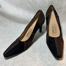 Vintage Ferragamo Womens Blk Brown Suede Stitching Pumps Sz 5B pre-owned