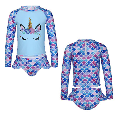 Kids Girls Two-piece Long Sleeve Swimsuit Palm Printeds Zippered Bathing  Suits | eBay