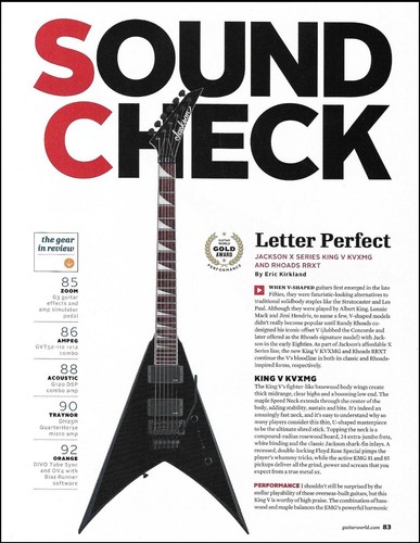 Jackson X Series King V + Rhoads RRXT guitar sound check review two-page article