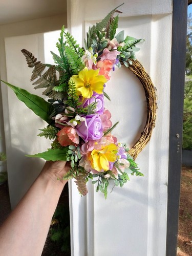Handmade Autumn Wreath Purple Pink Fern Rose Artificial Fall Cottage Flowers - Picture 2 of 3