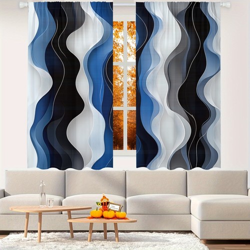 2pcs Modern Abstract Wave Curve Print Window Curtains for Bedroom Living Room - Picture 7 of 11